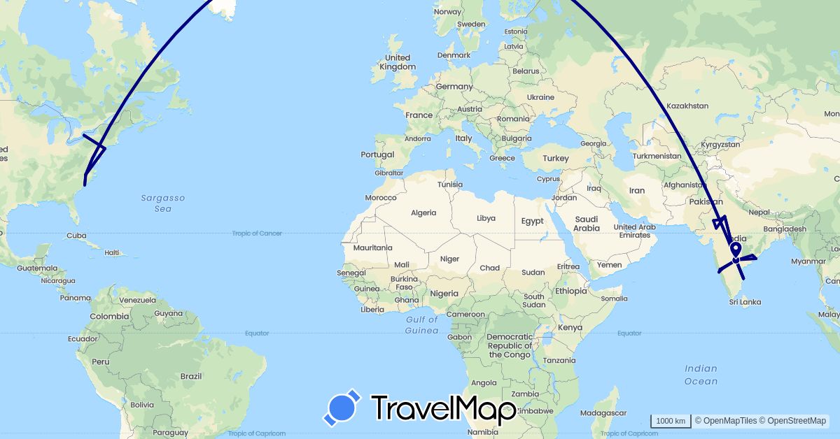 TravelMap itinerary: driving in Canada, India, United States (Asia, North America)